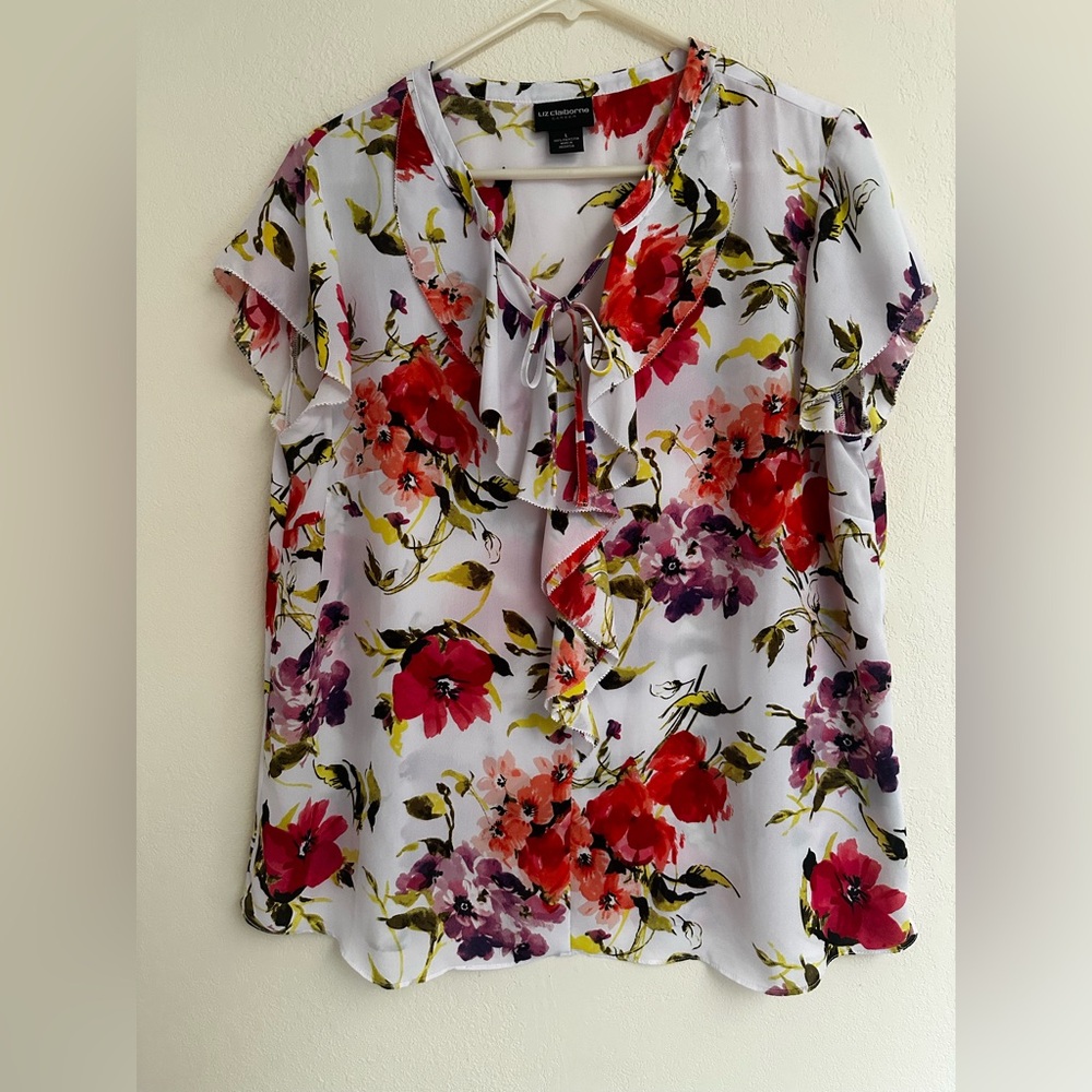 Liz Claiborne Floral Blouse - Red, Purple, Green - Picture 4 of 6